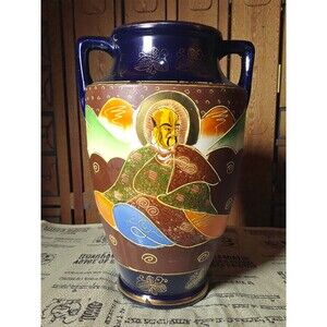Vintage Japanese Satsuma Style Vase 10" Cobalt Blue Moriage Gold Gilt Immortals